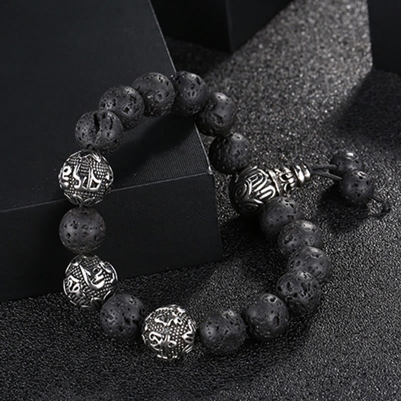 Buddha Stones Occhio di Tigre Naturale Roccia Lavica Ossidiana Nera Acciaio al Titanio Braccialetto di Protezione Om Mani Padme Hum delle Sei Vere Parole