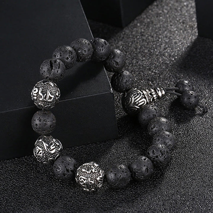 Buddha Stones Occhio di Tigre Naturale Roccia Lavica Ossidiana Nera Acciaio al Titanio Braccialetto di Protezione Om Mani Padme Hum delle Sei Vere Parole