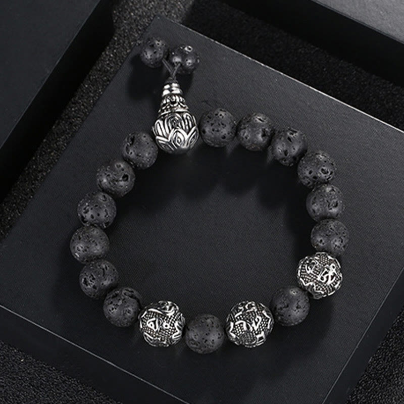 Buddha Stones Occhio di Tigre Naturale Roccia Lavica Ossidiana Nera Acciaio al Titanio Braccialetto di Protezione Om Mani Padme Hum delle Sei Vere Parole
