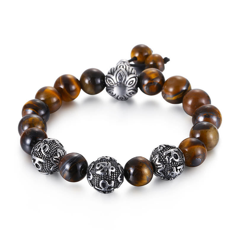 Buddha Stones Occhio di Tigre Naturale Roccia Lavica Ossidiana Nera Acciaio al Titanio Braccialetto di Protezione Om Mani Padme Hum delle Sei Vere Parole