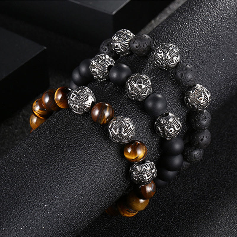 Buddha Stones Occhio di Tigre Naturale Roccia Lavica Ossidiana Nera Acciaio al Titanio Braccialetto di Protezione Om Mani Padme Hum delle Sei Vere Parole