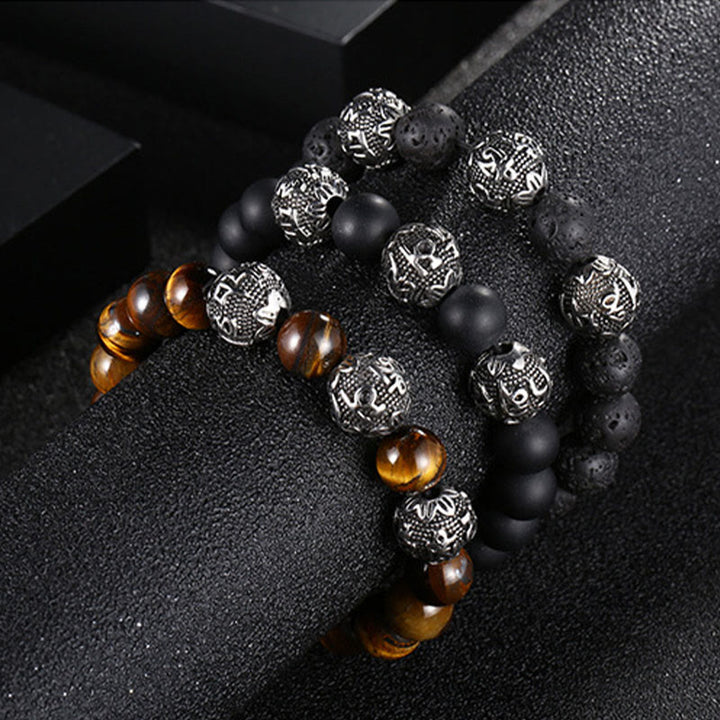 Buddha Stones Occhio di Tigre Naturale Roccia Lavica Ossidiana Nera Acciaio al Titanio Braccialetto di Protezione Om Mani Padme Hum delle Sei Vere Parole