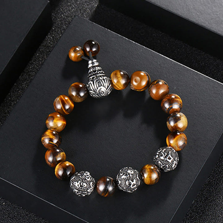 Buddha Stones Occhio di Tigre Naturale Roccia Lavica Ossidiana Nera Acciaio al Titanio Braccialetto di Protezione Om Mani Padme Hum delle Sei Vere Parole