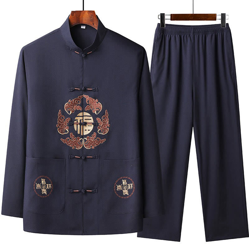 Buddha Stones Capodanno cinese ricamato Fu Tang Suit Hanfu manica lunga Top Pantaloni Abbigliamento Uomo Set - Blu notte - US/UK/AU44, EU54 (4XL) - image 3
