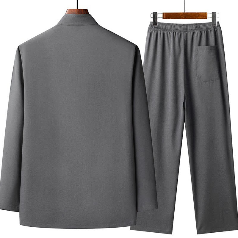 Buddha Stones Capodanno cinese ricamato Fu Tang Suit Hanfu manica lunga Top Pantaloni Abbigliamento Uomo Set - image 6