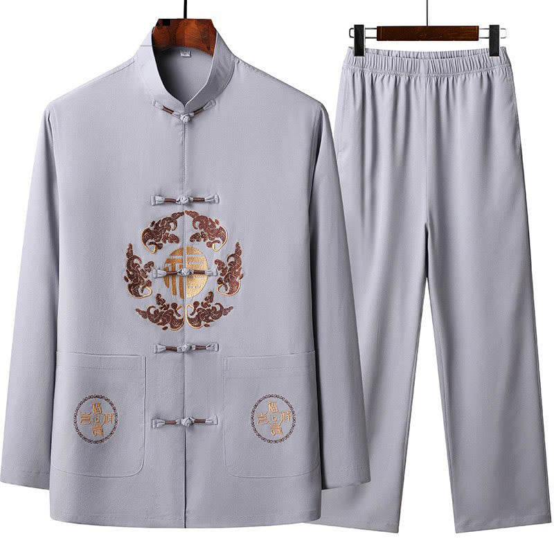 Buddha Stones Capodanno cinese ricamato Fu Tang Suit Hanfu manica lunga Top Pantaloni Abbigliamento Uomo Set - Cardo - US/UK/AU44, EU54 (4XL) - image 1