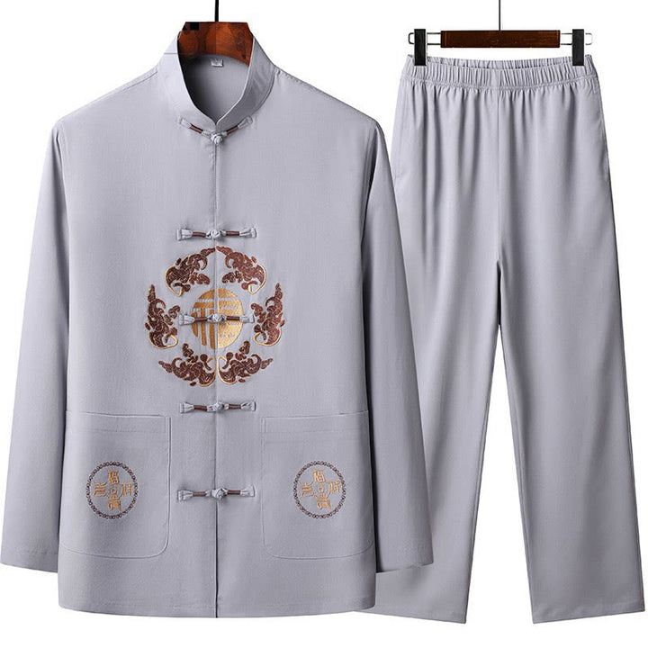 Buddha Stones Capodanno cinese ricamato Fu Tang Suit Hanfu manica lunga Top Pantaloni Abbigliamento Uomo Set - Cardo - US/UK/AU44, EU54 (4XL) - image 1