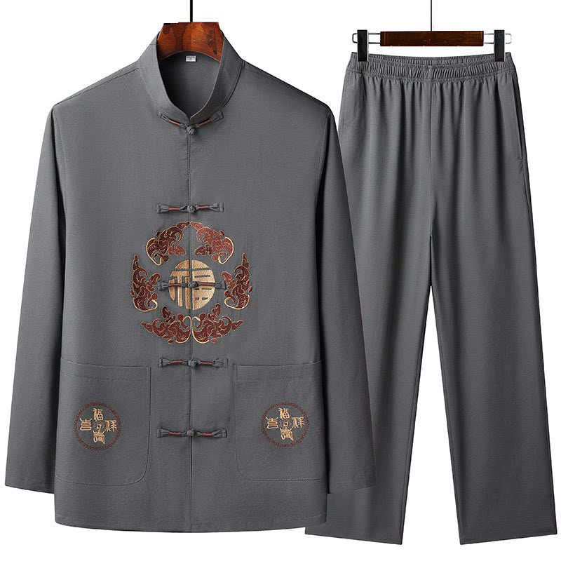 Buddha Stones Capodanno cinese ricamato Fu Tang Suit Hanfu manica lunga Top Pantaloni Abbigliamento Uomo Set - Grigio tenue - US/UK/AU44, EU54 (4XL) - image 4
