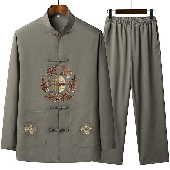 Buddha Stones Capodanno cinese ricamato Fu Tang Suit Hanfu manica lunga Top Pantaloni Abbigliamento Uomo Set - Verde oliva - US/UK/AU44, EU54 (4XL) - image 3