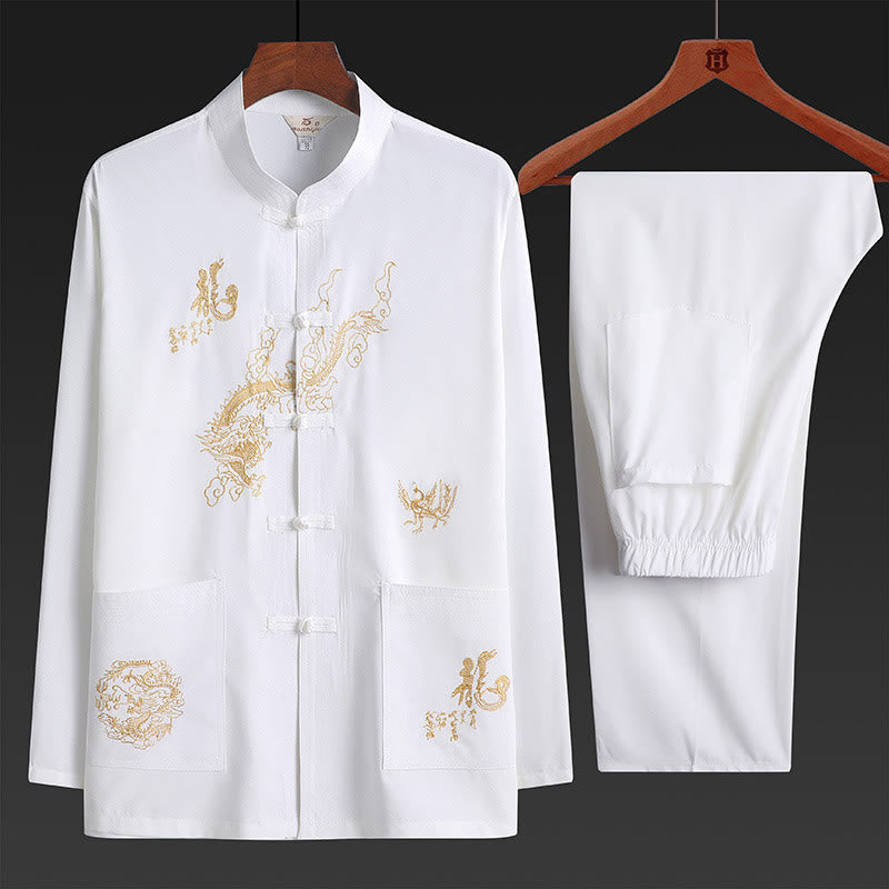 Buddha Stones Capodanno cinese Drago ricamato Rana-bottoni Tang Suit Hanfu tradizionale uniforme Top manica lunga Pantaloni Abbigliamento Uomo Set