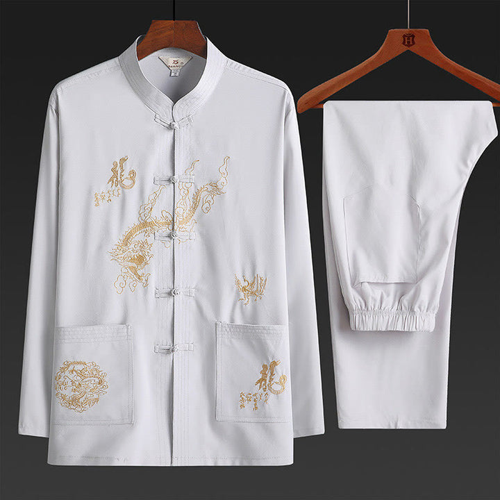 Buddha Stones Capodanno cinese Drago ricamato Rana-bottoni Tang Suit Hanfu tradizionale uniforme Top manica lunga Pantaloni Abbigliamento Uomo Set
