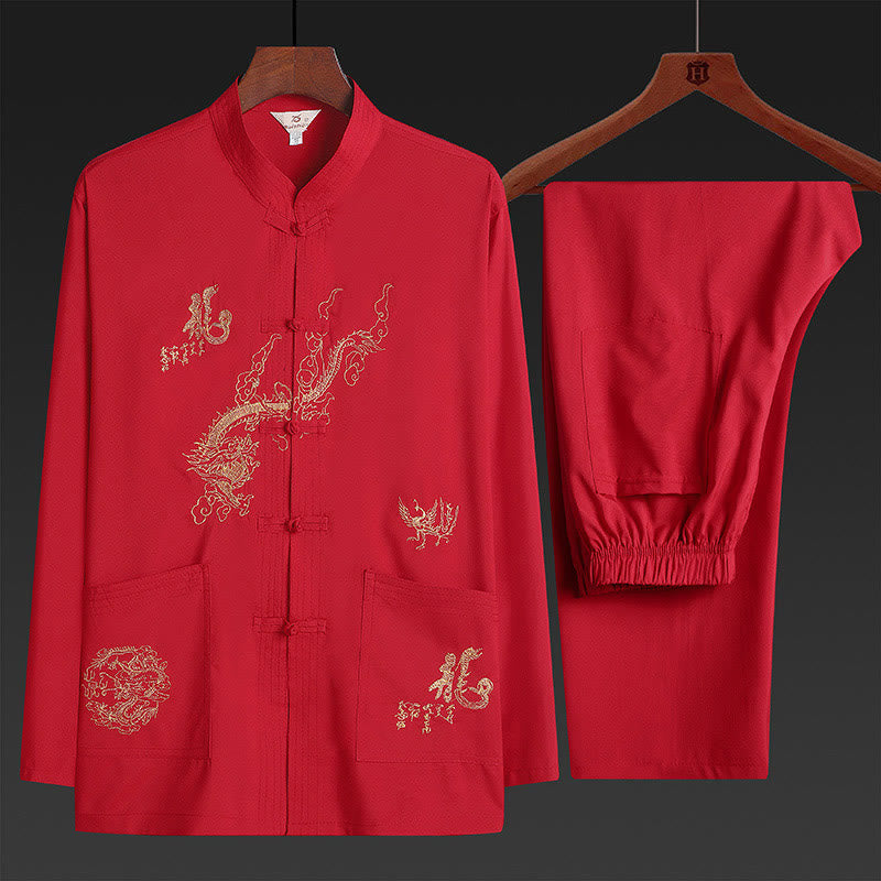 Buddha Stones Capodanno cinese Drago ricamato Rana-bottoni Tang Suit Hanfu tradizionale uniforme Top manica lunga Pantaloni Abbigliamento Uomo Set - Rosso - US/UK/AU42, EU52 (3XL) - image 0