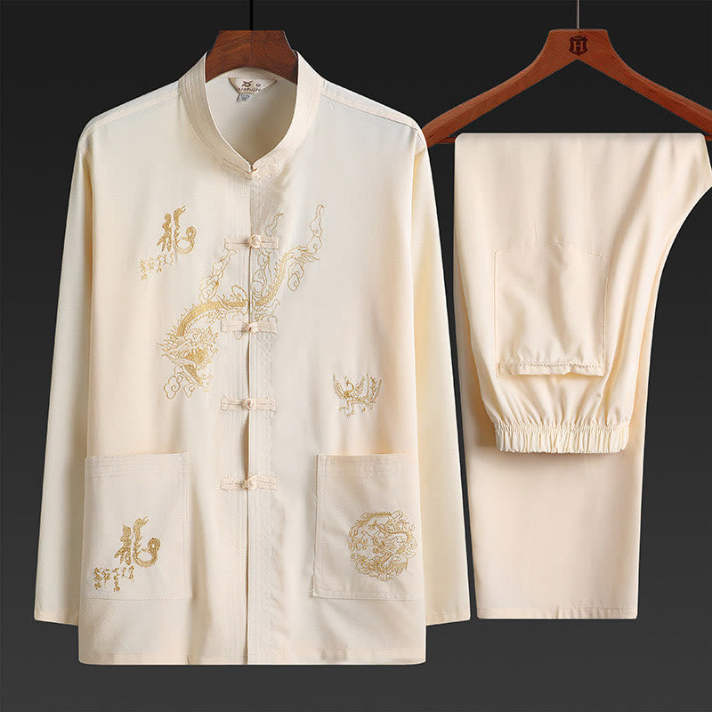Buddha Stones Capodanno cinese Drago ricamato Rana-bottoni Tang Suit Hanfu tradizionale uniforme Top manica lunga Pantaloni Abbigliamento Uomo Set