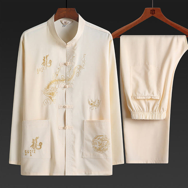 Buddha Stones Capodanno cinese Drago ricamato Rana-bottoni Tang Suit Hanfu tradizionale uniforme Top manica lunga Pantaloni Abbigliamento Uomo Set