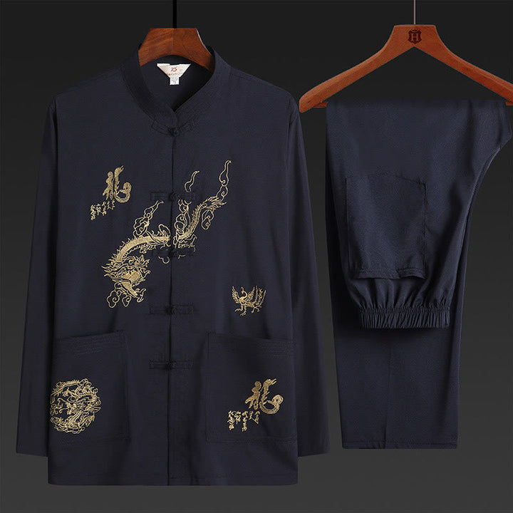 Buddha Stones Capodanno cinese Drago ricamato Rana-bottoni Tang Suit Hanfu tradizionale uniforme Top manica lunga Pantaloni Abbigliamento Uomo Set