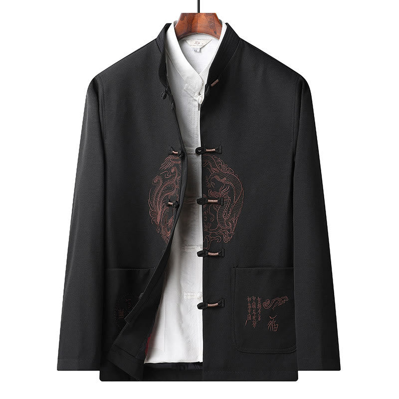 Buddha Stones Capodanno cinese ricamato Tang Suit Hanfu tradizionale uniforme manica lunga Top Pantaloni Abbigliamento Uomo Set - Black-Top - US/UK/AU46, EU56 (5XL) - image 17