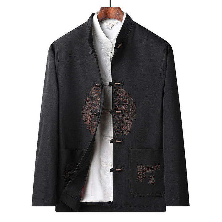 Buddha Stones Capodanno cinese ricamato Tang Suit Hanfu tradizionale uniforme manica lunga Top Pantaloni Abbigliamento Uomo Set - Black-Top - US/UK/AU46, EU56 (5XL) - image 17