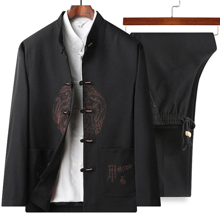 Buddha Stones Capodanno cinese ricamato Tang Suit Hanfu tradizionale uniforme manica lunga Top Pantaloni Abbigliamento Uomo Set