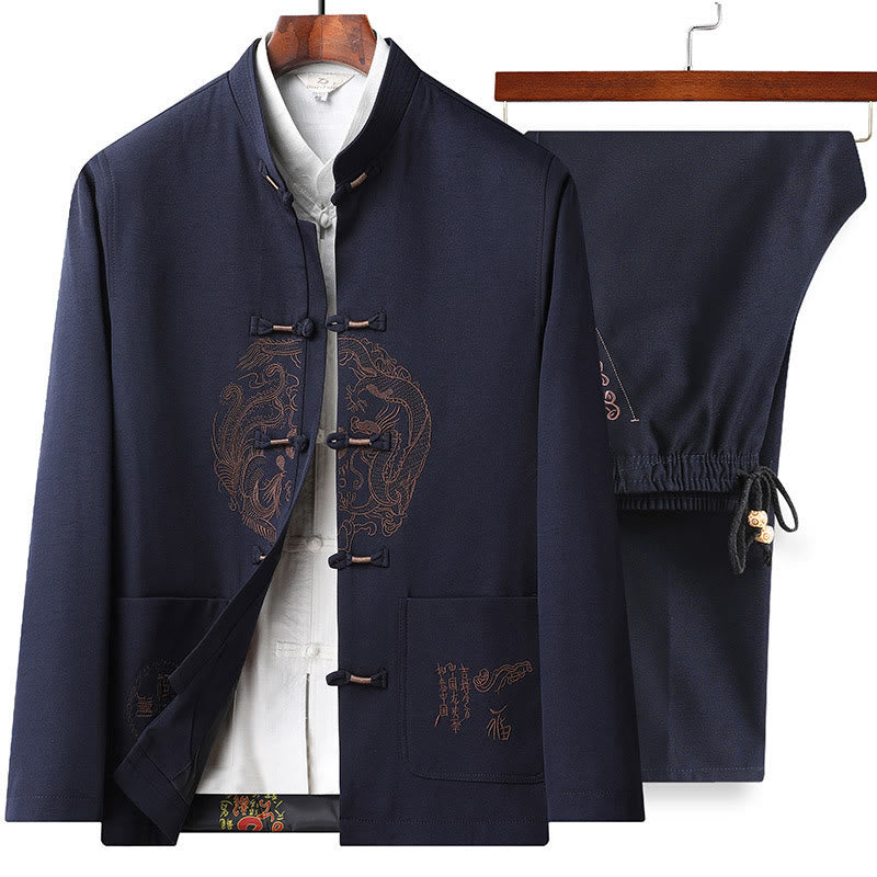 Buddha Stones Capodanno cinese ricamato Tang Suit Hanfu tradizionale uniforme manica lunga Top Pantaloni Abbigliamento Uomo Set - Top e pantaloni blu scuro - US/UK/AU46, EU56 (5XL) - image 2