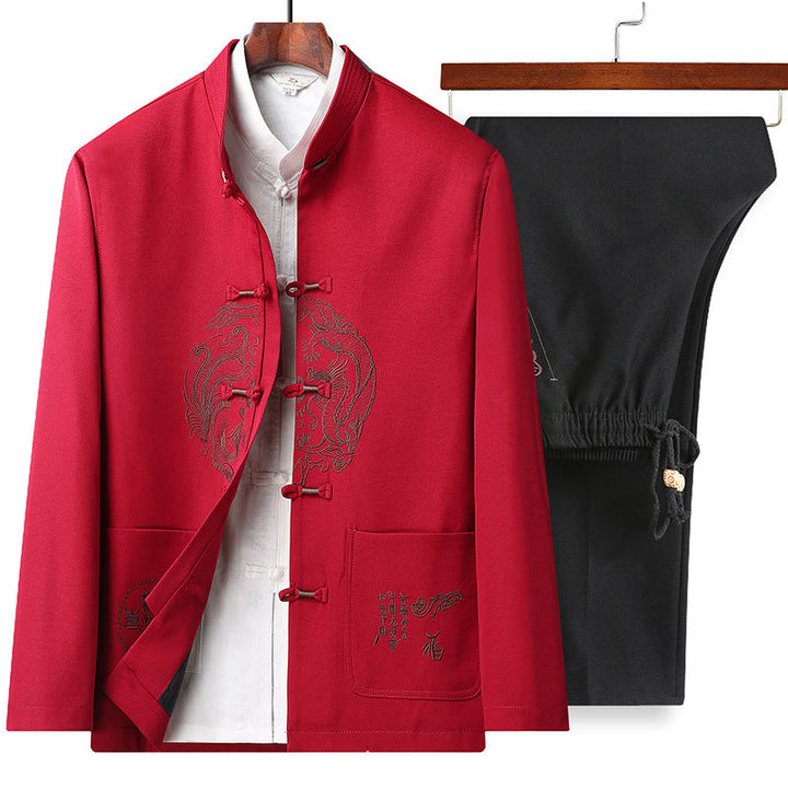 Buddha Stones Capodanno cinese ricamato Tang Suit Hanfu tradizionale uniforme manica lunga Top Pantaloni Abbigliamento Uomo Set