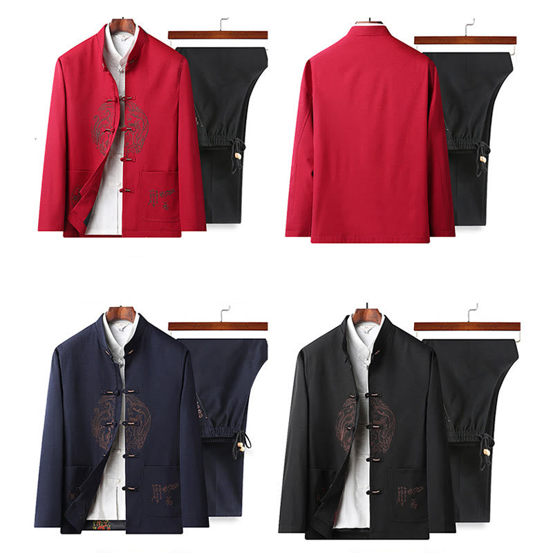 Buddha Stones Capodanno cinese ricamato Tang Suit Hanfu tradizionale uniforme manica lunga Top Pantaloni Abbigliamento Uomo Set - image 1