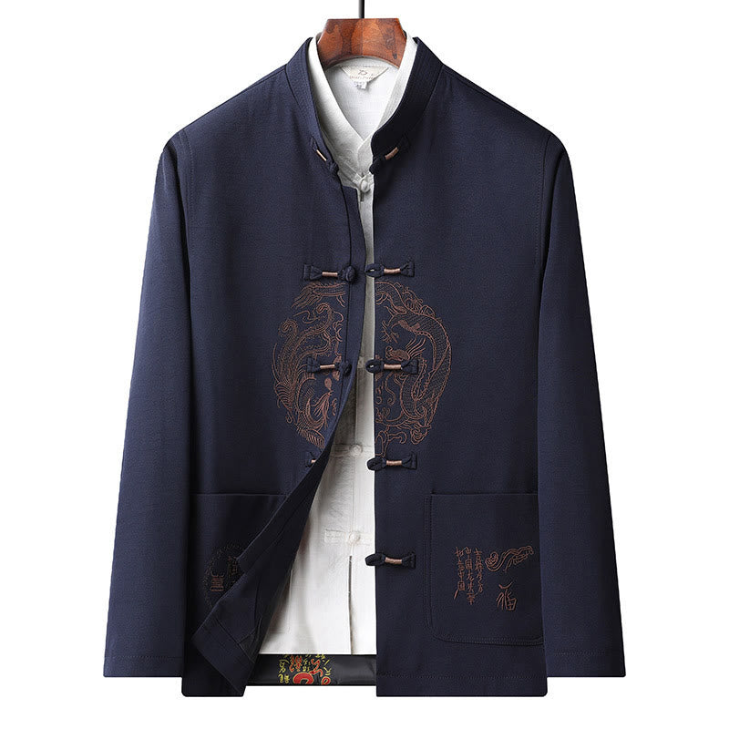 Buddha Stones Capodanno cinese ricamato Tang Suit Hanfu tradizionale uniforme manica lunga Top Pantaloni Abbigliamento Uomo Set - Blu scuro-Top - US/UK/AU46, EU56 (5XL) - image 16