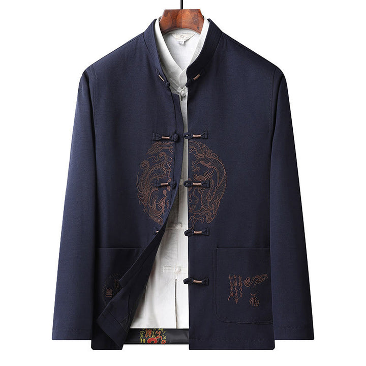 Buddha Stones Capodanno cinese ricamato Tang Suit Hanfu tradizionale uniforme manica lunga Top Pantaloni Abbigliamento Uomo Set - Blu scuro-Top - US/UK/AU46, EU56 (5XL) - image 16