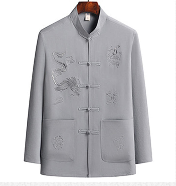 Buddha Stones Capodanno cinese Drago ricamato Rana-bottoni Tang Suit Hanfu Manica lunga Top Pantaloni Abbigliamento Uomo Set