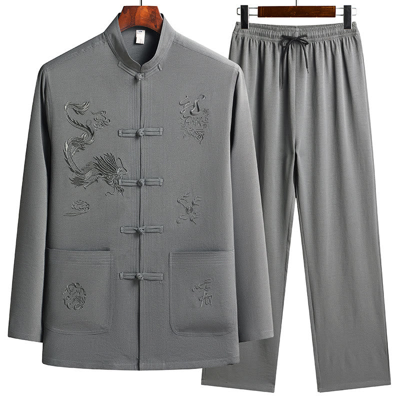 Buddha Stones Capodanno cinese Drago ricamato Rana-bottoni Tang Suit Hanfu Manica lunga Top Pantaloni Abbigliamento Uomo Set
