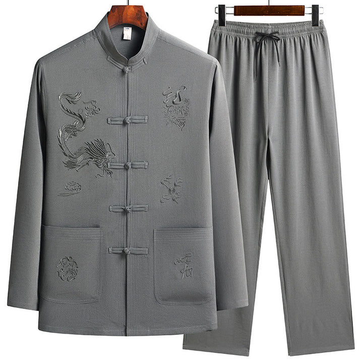 Buddha Stones Capodanno cinese Drago ricamato Rana-bottoni Tang Suit Hanfu Manica lunga Top Pantaloni Abbigliamento Uomo Set