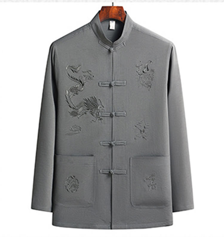 Buddha Stones Capodanno cinese Drago ricamato Rana-bottoni Tang Suit Hanfu Manica lunga Top Pantaloni Abbigliamento Uomo Set
