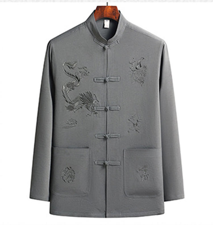 Buddha Stones Capodanno cinese Drago ricamato Rana-bottoni Tang Suit Hanfu Manica lunga Top Pantaloni Abbigliamento Uomo Set