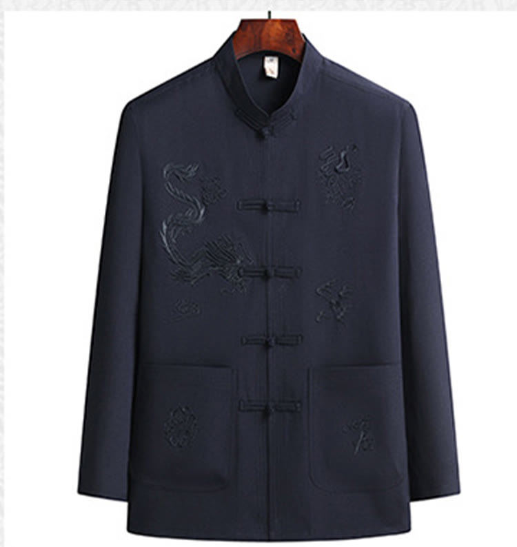 Buddha Stones Capodanno cinese Drago ricamato Rana-bottoni Tang Suit Hanfu Manica lunga Top Pantaloni Abbigliamento Uomo Set