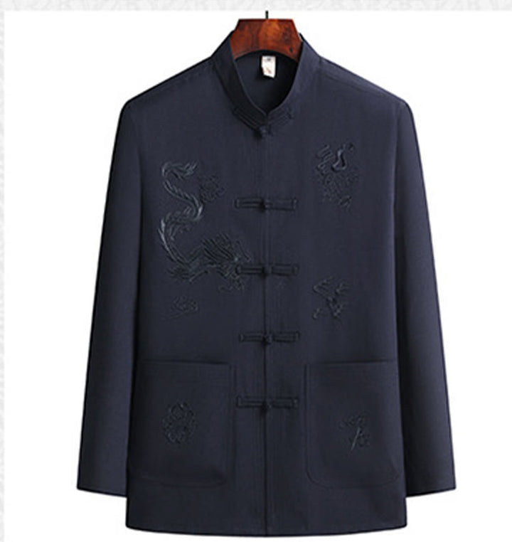 Buddha Stones Capodanno cinese Drago ricamato Rana-bottoni Tang Suit Hanfu Manica lunga Top Pantaloni Abbigliamento Uomo Set