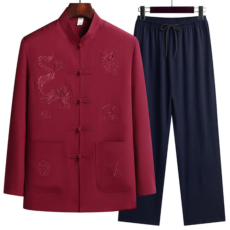 Buddha Stones Capodanno cinese Drago ricamato Rana-bottoni Tang Suit Hanfu Manica lunga Top Pantaloni Abbigliamento Uomo Set - Rosso - US/UK/AU44, EU54 (4XL) - image 0