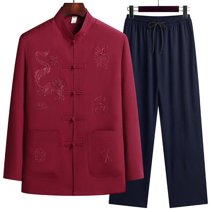 Buddha Stones Capodanno cinese Drago ricamato Rana-bottoni Tang Suit Hanfu Manica lunga Top Pantaloni Abbigliamento Uomo Set - Rosso - US/UK/AU44, EU54 (4XL) - image 0