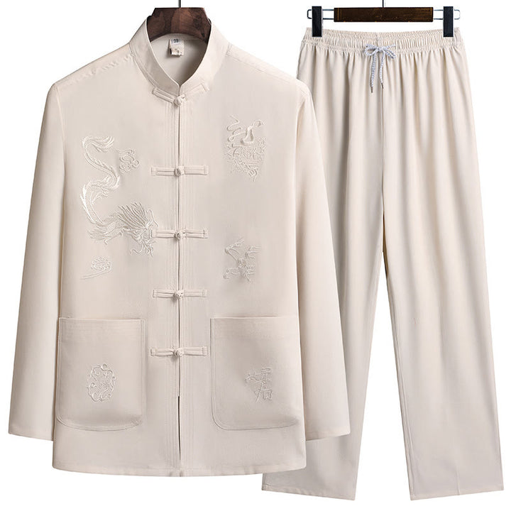 Buddha Stones Capodanno cinese Drago ricamato Rana-bottoni Tang Suit Hanfu Manica lunga Top Pantaloni Abbigliamento Uomo Set