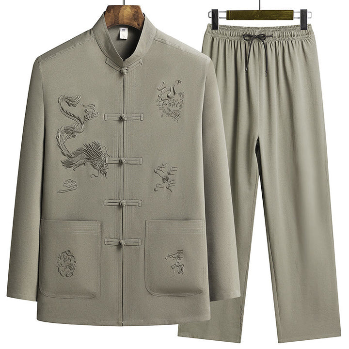 Buddha Stones Capodanno cinese Drago ricamato Rana-bottoni Tang Suit Hanfu Manica lunga Top Pantaloni Abbigliamento Uomo Set - GialloVerde - US/UK/AU44, EU54 (4XL) - image 19