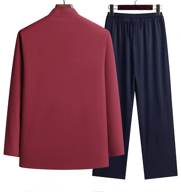 Buddha Stones Capodanno cinese Drago ricamato Rana-bottoni Tang Suit Hanfu Manica lunga Top Pantaloni Abbigliamento Uomo Set - image 1