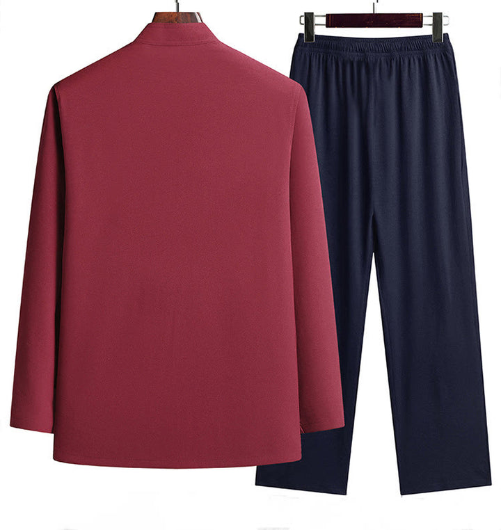 Buddha Stones Capodanno cinese Drago ricamato Rana-bottoni Tang Suit Hanfu Manica lunga Top Pantaloni Abbigliamento Uomo Set - image 1