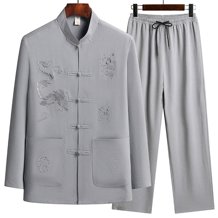 Buddha Stones Capodanno cinese Drago ricamato Rana-bottoni Tang Suit Hanfu Manica lunga Top Pantaloni Abbigliamento Uomo Set - Grigio scuro - US/UK/AU44, EU54 (4XL) - image 10