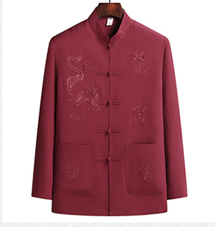 Buddha Stones Capodanno cinese Drago ricamato Rana-bottoni Tang Suit Hanfu Manica lunga Top Pantaloni Abbigliamento Uomo Set
