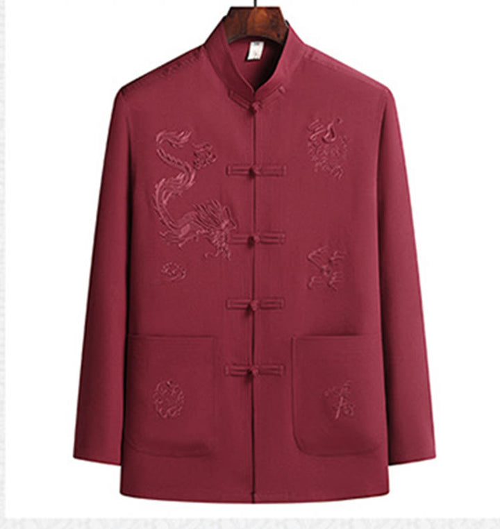 Buddha Stones Capodanno cinese Drago ricamato Rana-bottoni Tang Suit Hanfu Manica lunga Top Pantaloni Abbigliamento Uomo Set