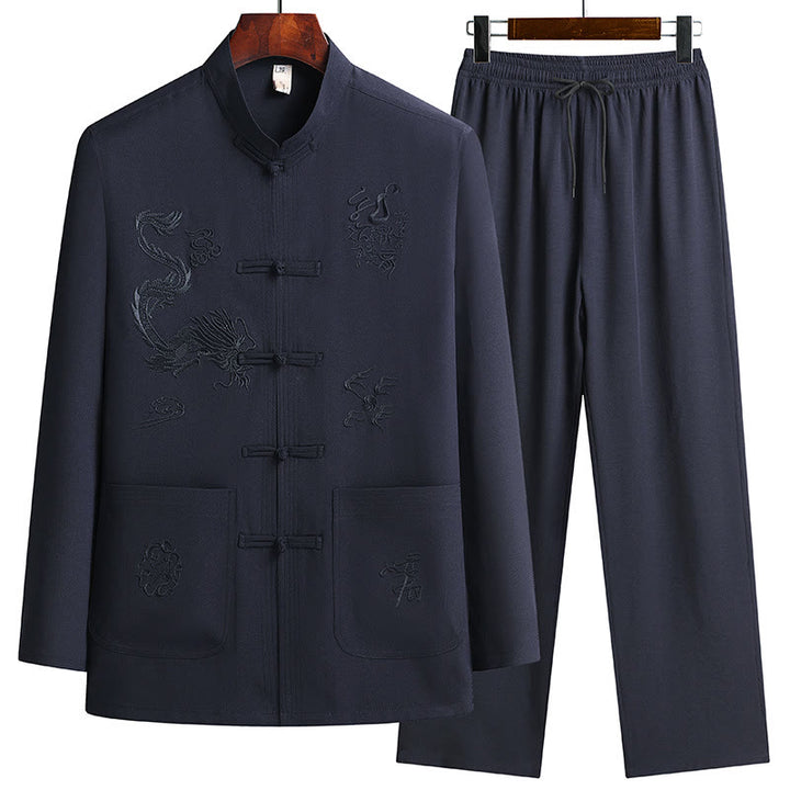 Buddha Stones Capodanno cinese Drago ricamato Rana-bottoni Tang Suit Hanfu Manica lunga Top Pantaloni Abbigliamento Uomo Set - Blu scuro - US/UK/AU44, EU54 (4XL) - image 8