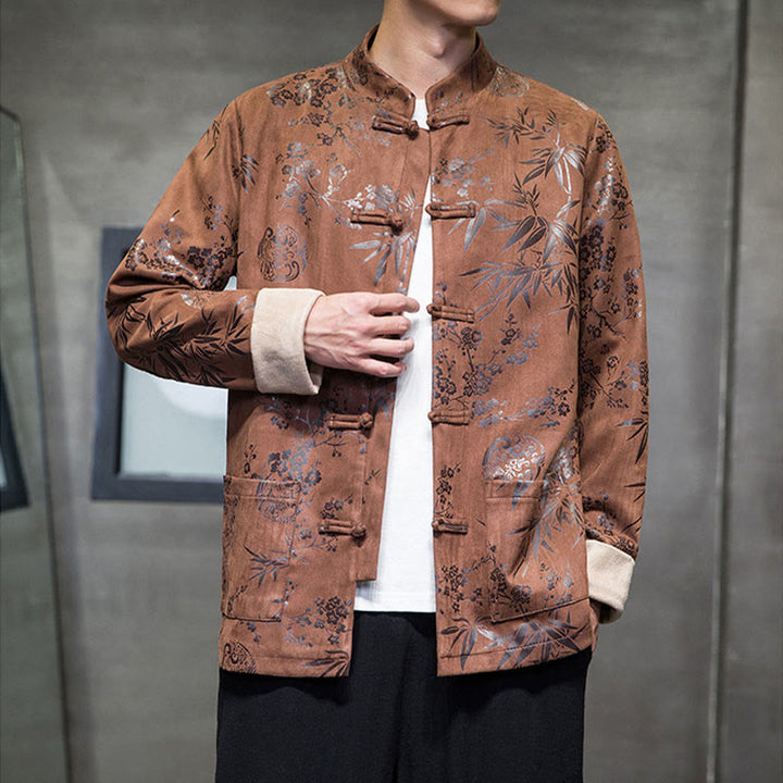 Buddha Stones Capodanno cinese vestiti fiori bambù tinta unita polsino rana-bottoni Tang Suit cotone giacca camicia da uomo con tasche - image 12