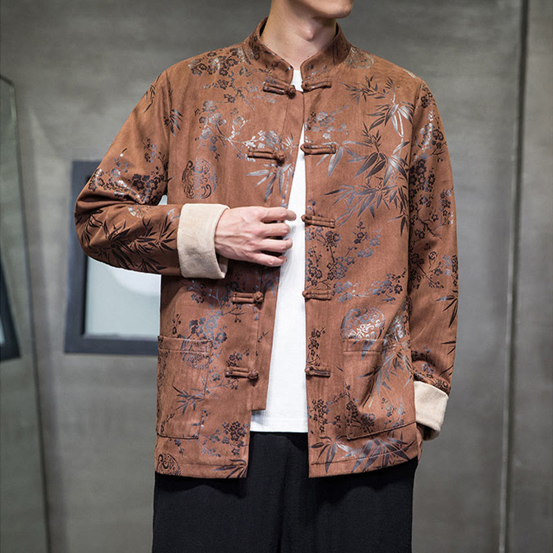 Buddha Stones Capodanno cinese vestiti fiori bambù tinta unita polsino rana-bottoni Tang Suit cotone giacca camicia da uomo con tasche - image 12