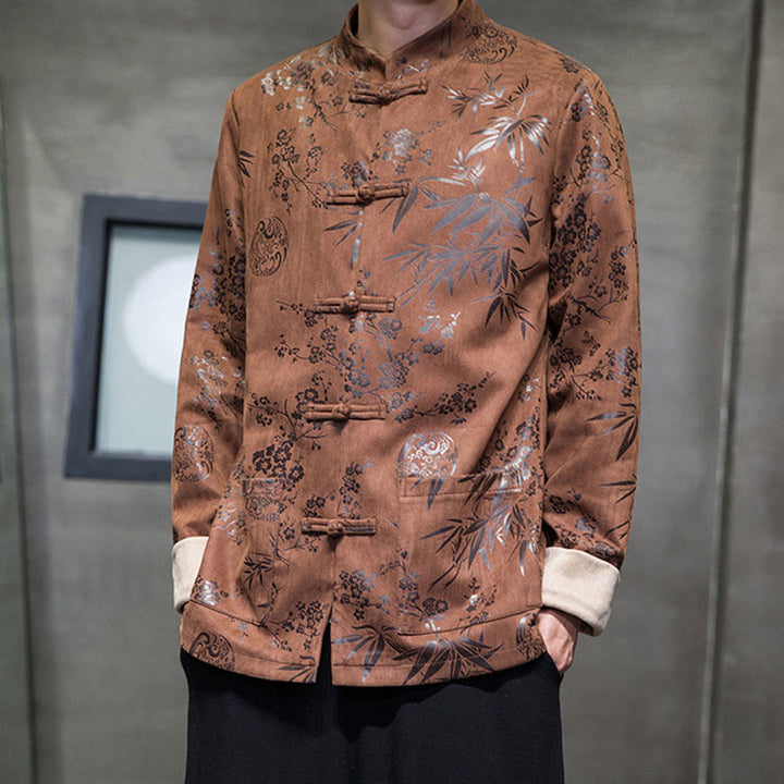 Buddha Stones Capodanno cinese vestiti fiori bambù tinta unita polsino rana-bottoni Tang Suit cotone giacca camicia da uomo con tasche