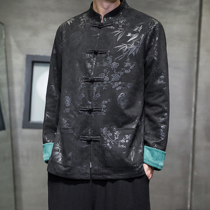 Buddha Stones Capodanno cinese vestiti fiori bambù tinta unita polsino rana-bottoni Tang Suit cotone giacca camicia da uomo con tasche - Nero - US/UK/AU46, EU56 (5XL) - image 23