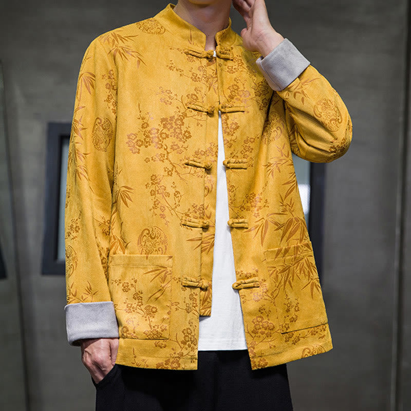 Buddha Stones Capodanno cinese vestiti fiori bambù tinta unita polsino rana-bottoni Tang Suit cotone giacca camicia da uomo con tasche