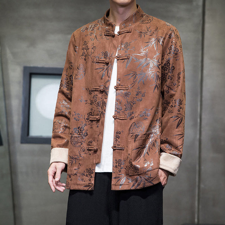 Buddha Stones Capodanno cinese vestiti fiori bambù tinta unita polsino rana-bottoni Tang Suit cotone giacca camicia da uomo con tasche
